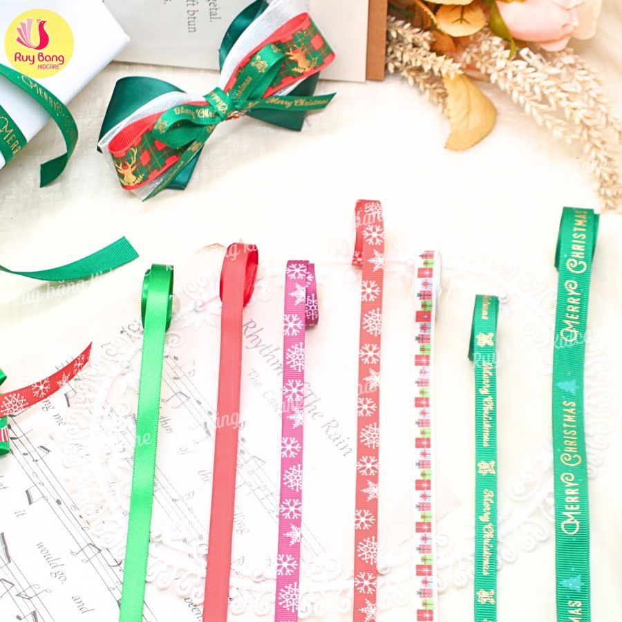 Ruy băng noel, ruy băng họa tiết noel dùng trang trí, ruy băng gói quà, kẹp tóc noel...