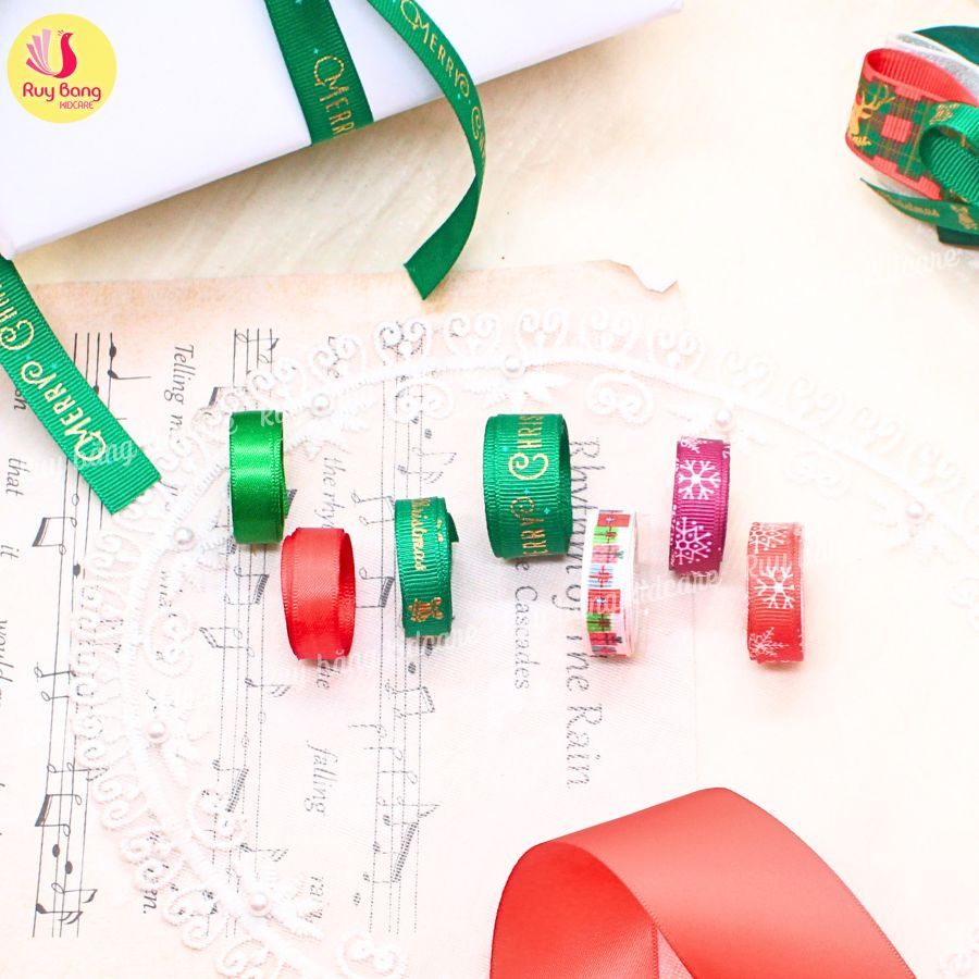 Ruy băng noel, ruy băng họa tiết noel dùng trang trí, ruy băng gói quà, kẹp tóc noel...