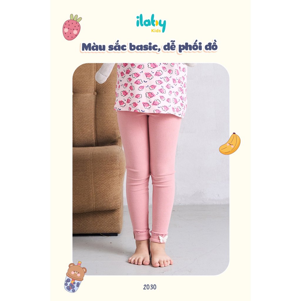 Quần legging cho bé gái ILABY gập gấu cuốn bèo chỉ nổi màu chất thun gân co giãn 2 màu cho bé 10-35kg