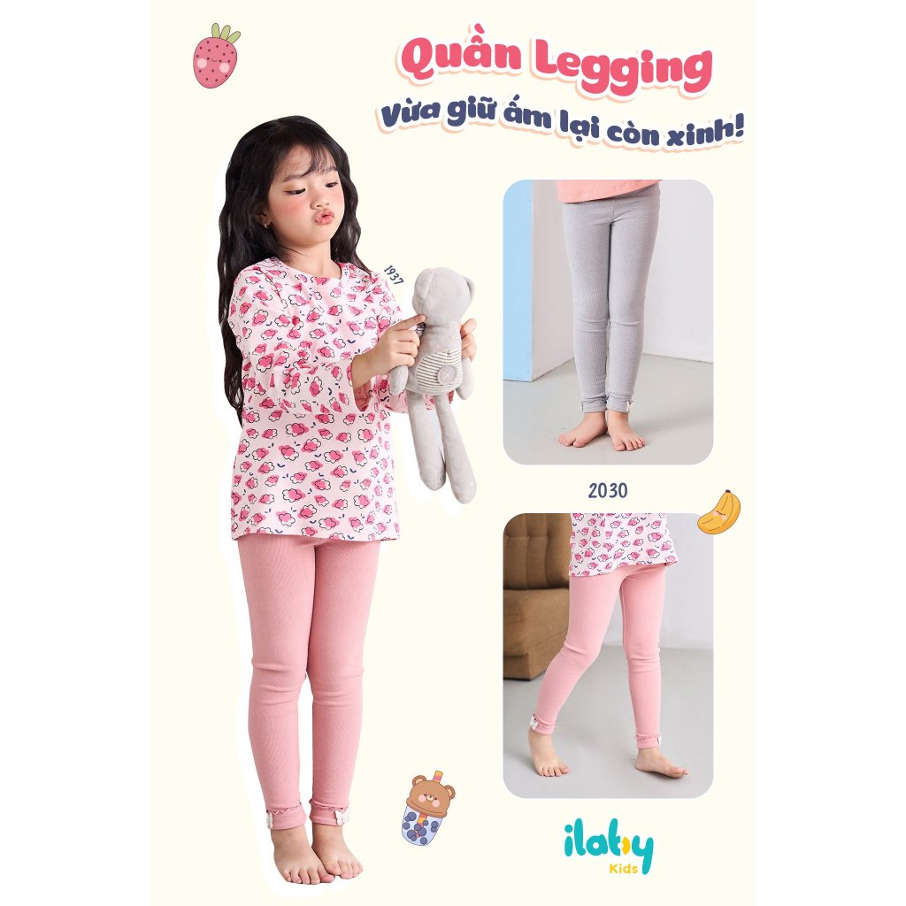 Quần legging cho bé gái ILABY gập gấu cuốn bèo chỉ nổi màu chất thun gân co giãn 2 màu cho bé 10-35kg