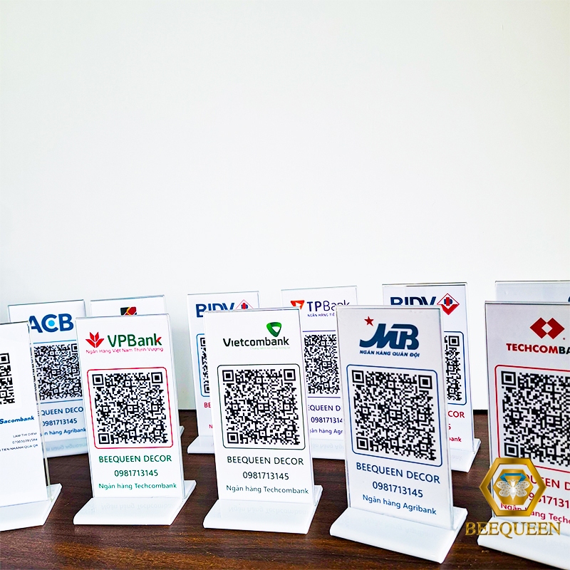 Bảng menu mica, mã QR code ngân hàng để bàn hoặc decal dán
