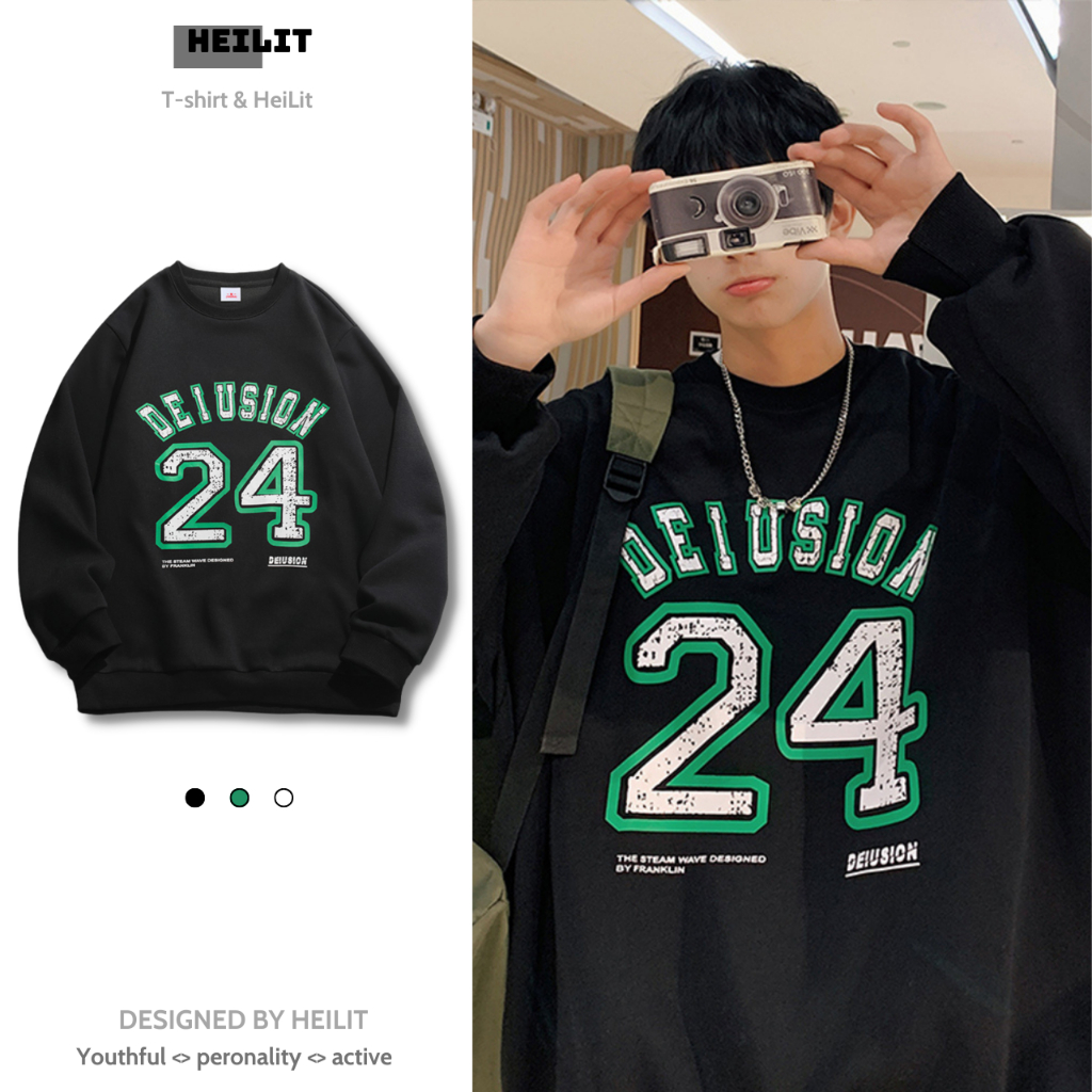 Áo Sweater Nam In Họa Tiết Chữ Số 24 HeiLit Nỉ Bông Form Rộng Cổ Tròn