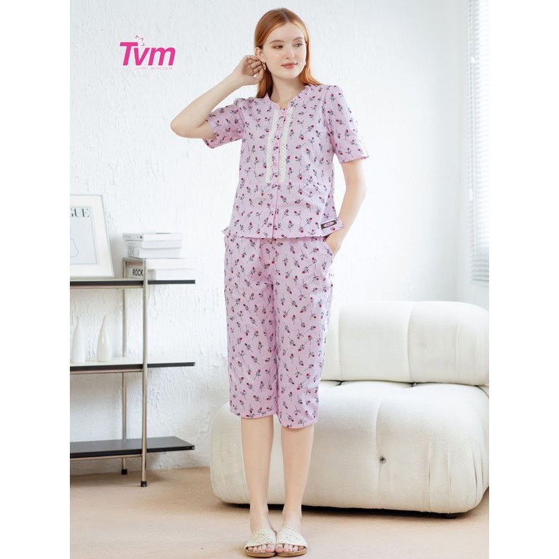 Bộ lửng nữ ngắn tay B649 Tvm Luxury Homewear, chất liệu kate cotton