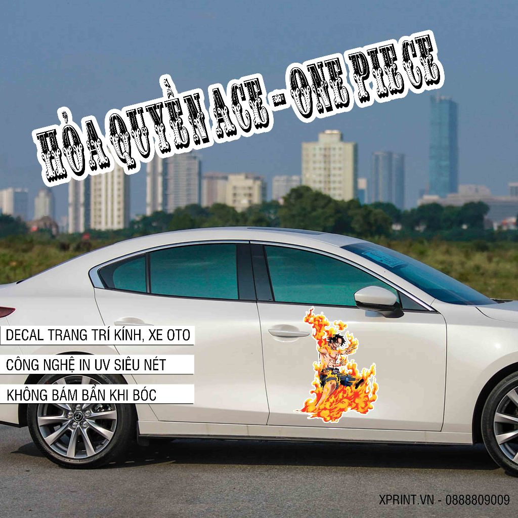 Tem dán xe oto Hỏa quyền ACE - One piece, tem dán cao cấp trang trí xe oto, gương kính....