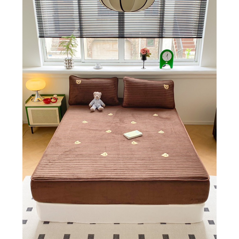 Set ga gối nỉ bọc nệm IGUN BEDDING thêu hình gấu mềm mại êm ái