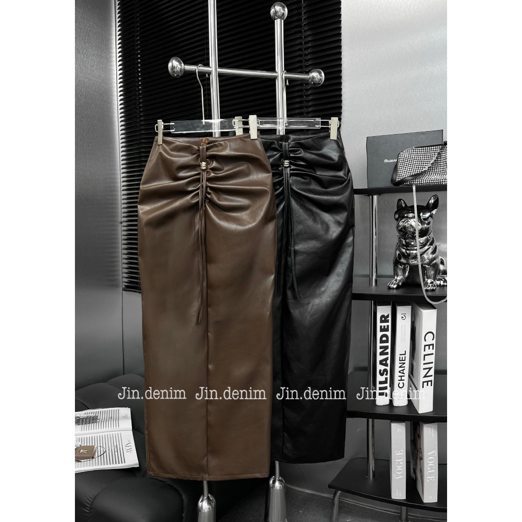 Chân váy da dáng dài, chân váy da bút chì cao cấp thiết kế sang chảnh, đầm da dúm eo dự tiệc, đi sự kiện đám cưới