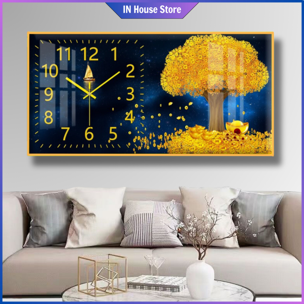 Đồng Hồ Tranh Treo Tường CÂY KIM TIỀN in UV 5D Tráng Gương Cao Cấp