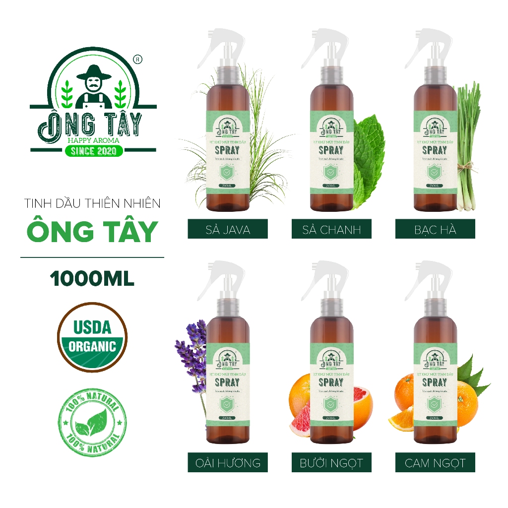 Xịt khử mùi kháng khuẩn tinh dầu Sả Chanh, Bạc Hà, Quế, Bạch Đàn Chanh ÔNG TÂY dung tích 250ml/1L