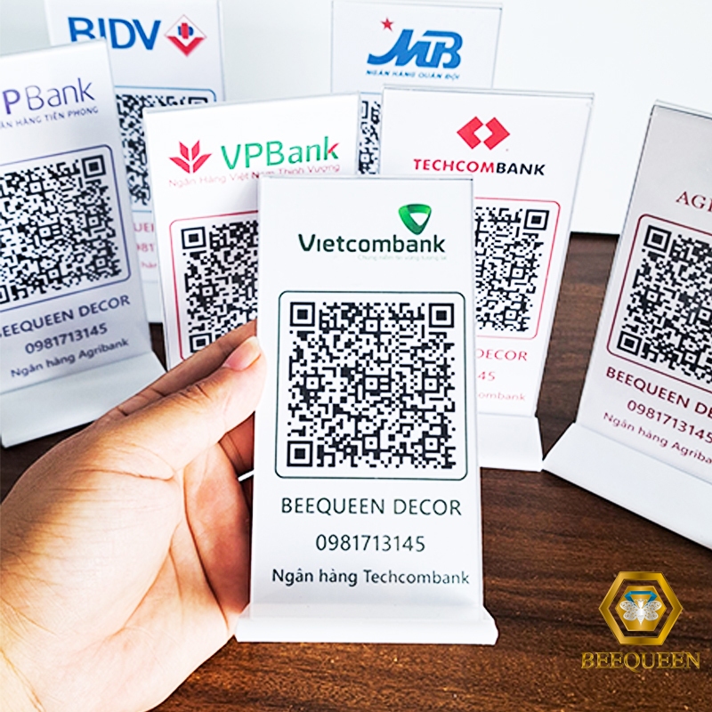 Bảng menu mica, mã QR code ngân hàng để bàn hoặc decal dán