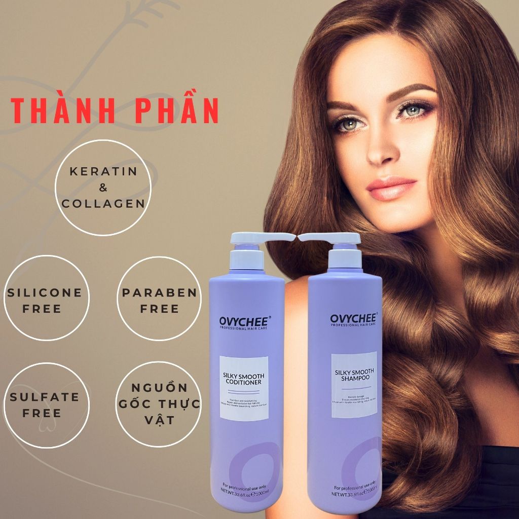 ComBo Dầu gội xả OVYCHEE SILKY SMOOTH SHMPOO 1000ml phục hồi tái tạo, dưỡng ẩm sâu, nuôi dưỡng ngăn rụng, kiểm soát dầu