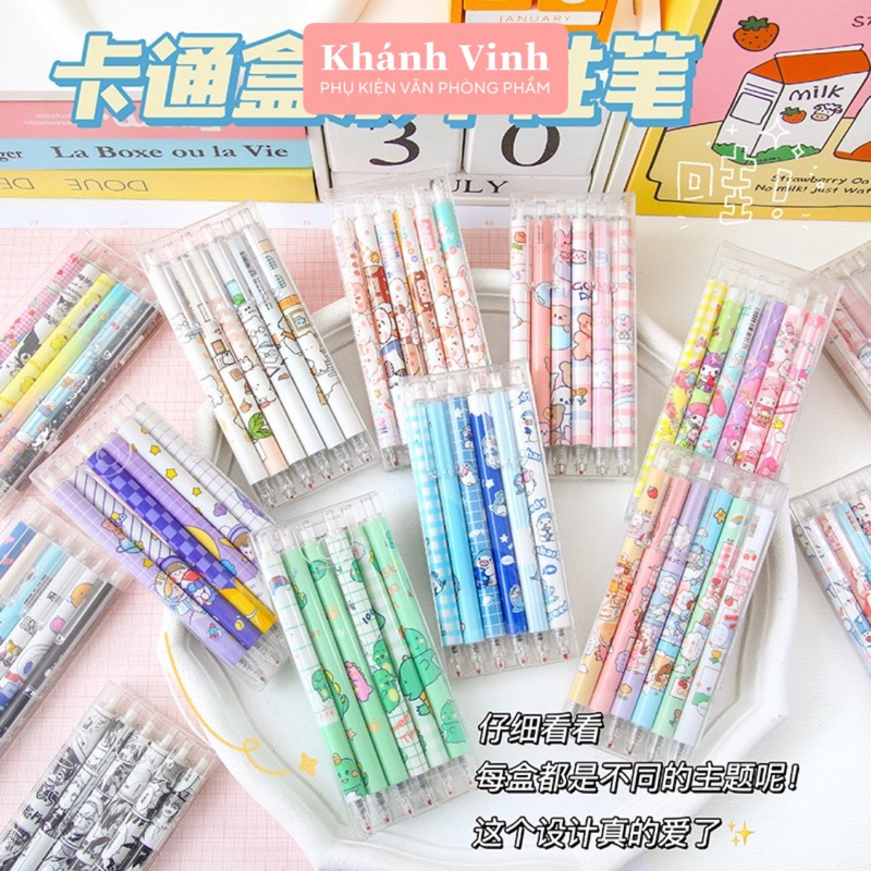 Bộ 6 Bút Mực Gel Ngòi Bút 0.5mm Màu Đen Khanh Vinh - Bộ 6 Bút Gel Hoạt Hình Nhiều Mẫu 0,5mm.