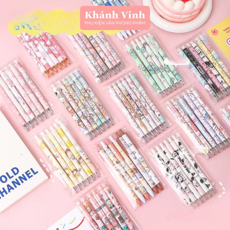 Bộ 6 Bút Mực Gel Ngòi Bút 0.5mm Màu Đen Khanh Vinh - Bộ 6 Bút Gel Hoạt Hình Nhiều Mẫu 0,5mm.