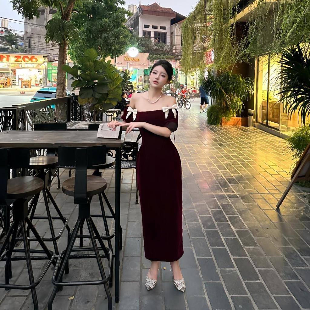 Váy nhung nơ vai dáng dài bút chì V71