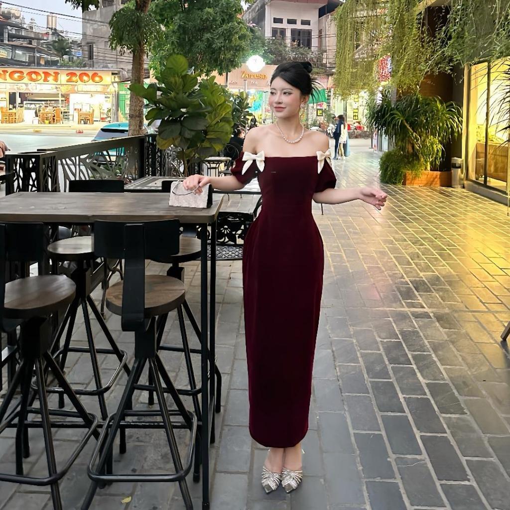 Váy nhung nơ vai dáng dài bút chì V71