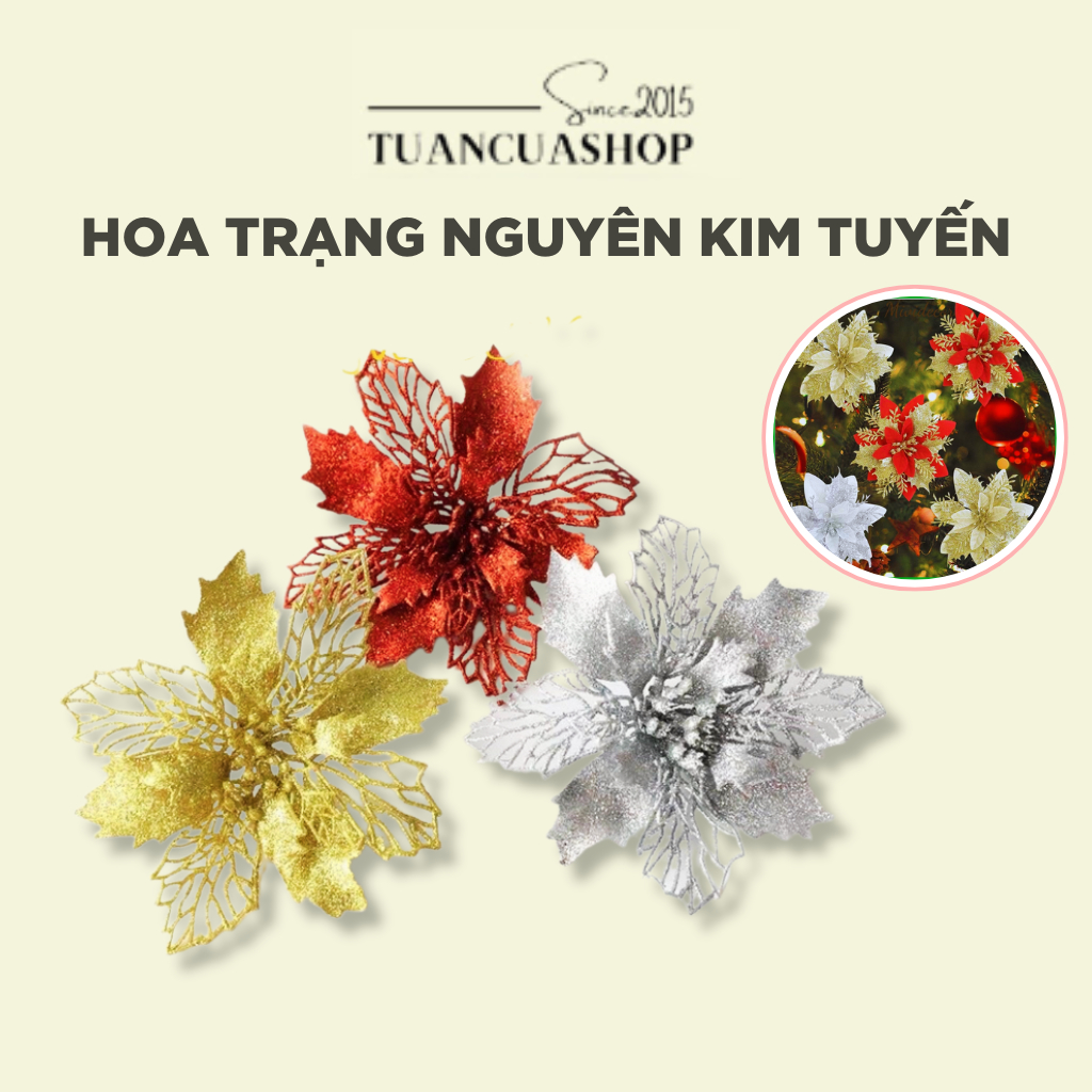 Hoa trạng nguyên kép, hoa trang trí rắc kim tuyến to 15cm trang trí cây thông noel, giỏ quà Tết 3 màu trắng đỏ vàng