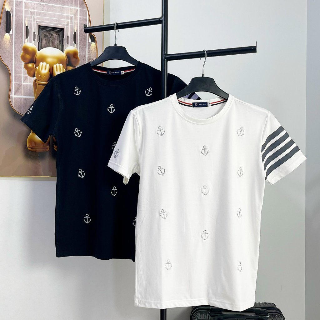 Áo thun nam tay ngắn, áo cổ tròn phối thêu mỏ neo chất cotton thoáng mát mềm mịn thời trang boy phố