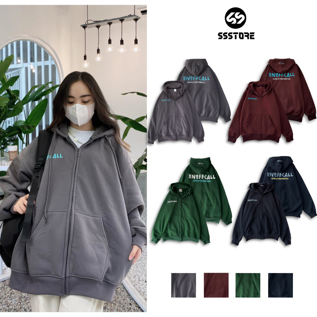 Áo khoác hoodie zip UNOFFCALL , Ao nỉ bông dày dặn có có khóa kéo form rộng unisex nam nữ