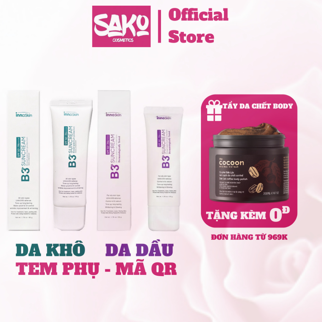Kem Chống Nắng B3 Innoskin 6 Màng Lọc Và 8 Màng Lọc Giúp Sáng Da Mờ Thâm, Nâng Tone Kiềm Dầu Cực Tốt