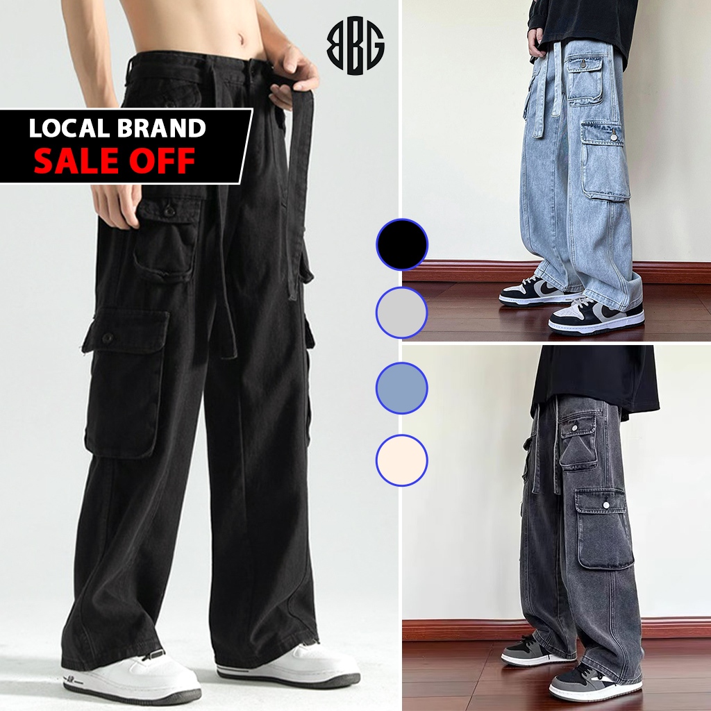 Quần Jean kaki 8 túi hộp đai to Hiphop ống rộng xuông dài cargo pants trơn thời trang cho nam nữ Avocado