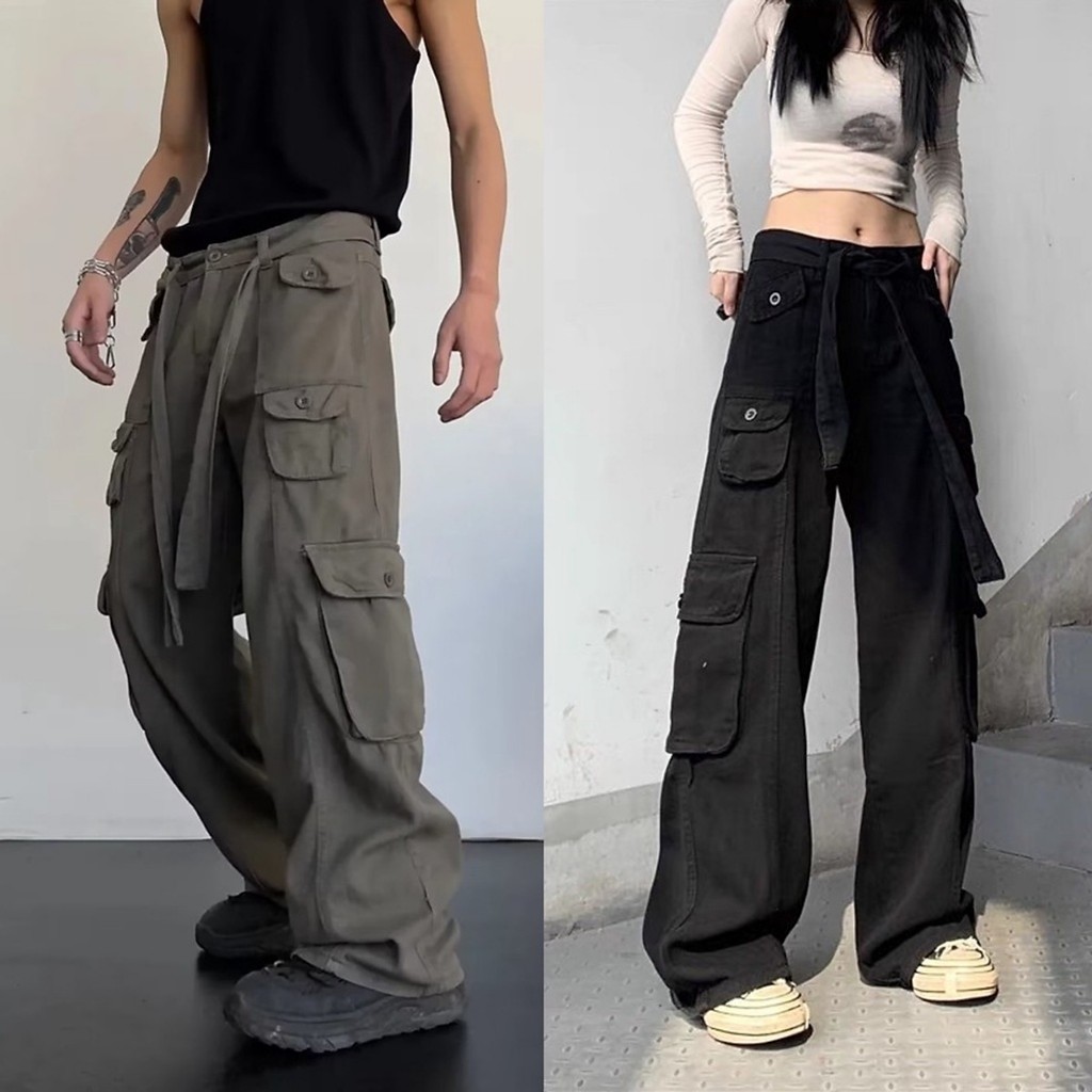 Quần Jean kaki 8 túi hộp đai to Hiphop ống rộng xuông dài cargo pants trơn thời trang cho nam nữ Avocado