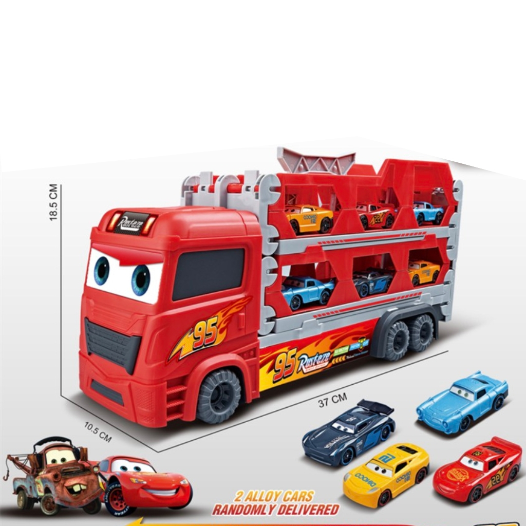 Xe đua 3 tầng, xe tải đỏ, xe Mc Queen kết hợp đường ray dài 1m65 kèm 6 ô tô hợp kim