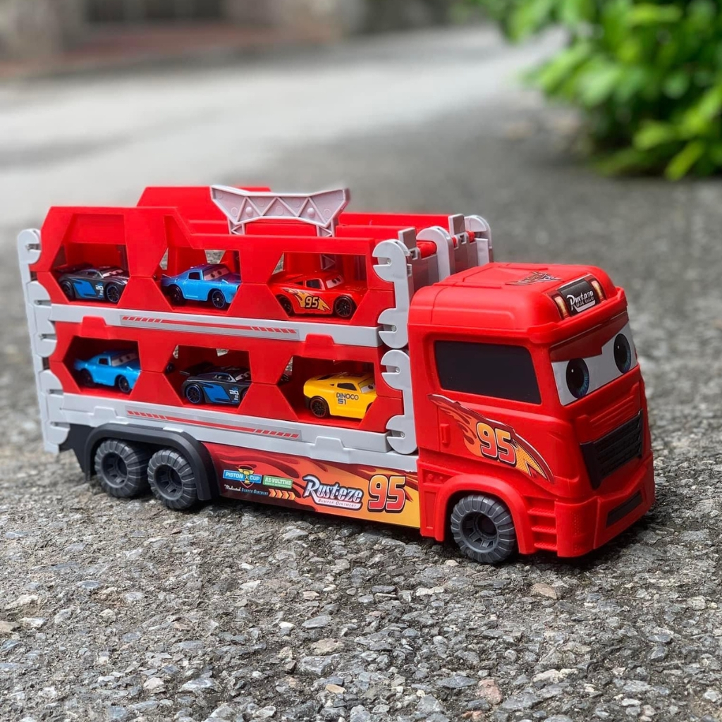 Xe đua 3 tầng, xe tải đỏ, xe Mc Queen kết hợp đường ray dài 1m65 kèm 6 ô tô hợp kim
