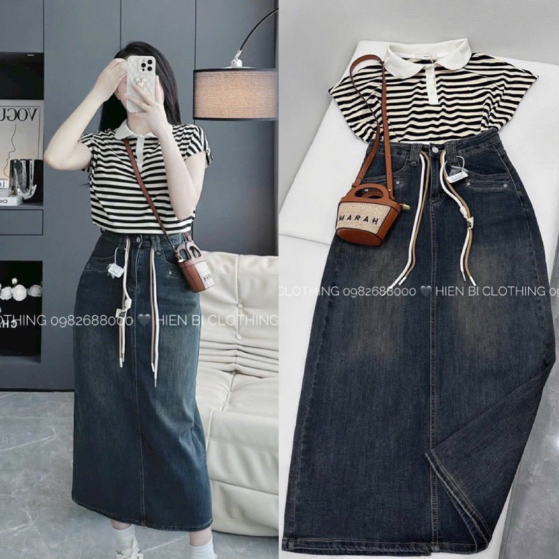 Chân váy jeans rách túi kèm dây siêu hot