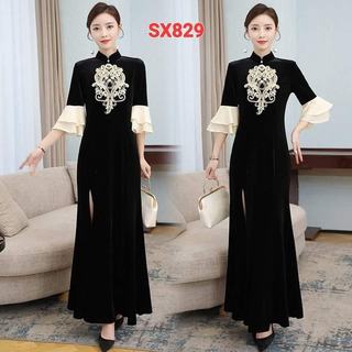 SX829 ĐẦM SƯỜN XÁM ĐUÔI CÁ XẺ TAY LOE HỌA TIẾT THÊU