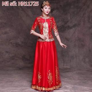 HN11725 SET ÁO KHỎA CƯỚI TRUNG HOA THÊU HOA NÚT TÀU TAY LỠ