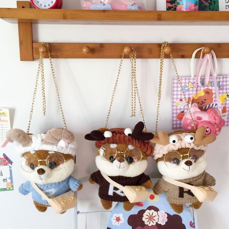 Túi đeo chéo hình thú nhồi bông hoạt hình dễ thương kèm phụ kiện