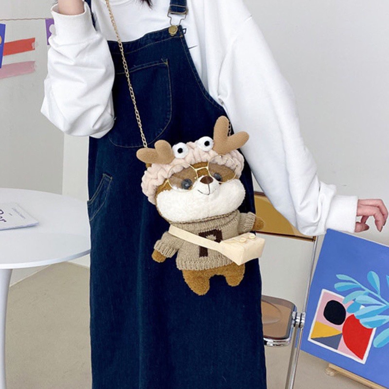 Túi đeo chéo hình thú nhồi bông hoạt hình dễ thương kèm phụ kiện