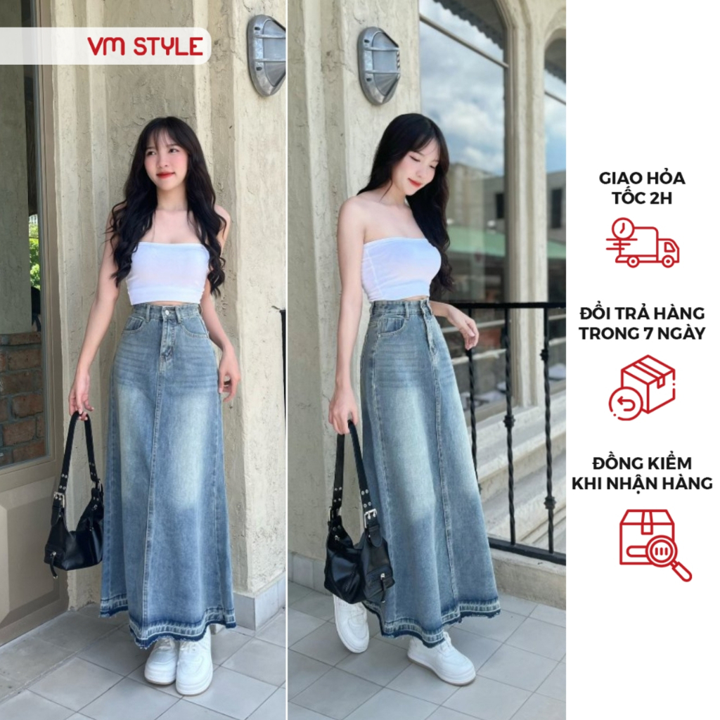 Chân váy jean denim nữ VMSTYLE dáng dài cạp cao form chữ A lai lua tua basic đi học, đi chơi, đi làm 324 - CVJ00054