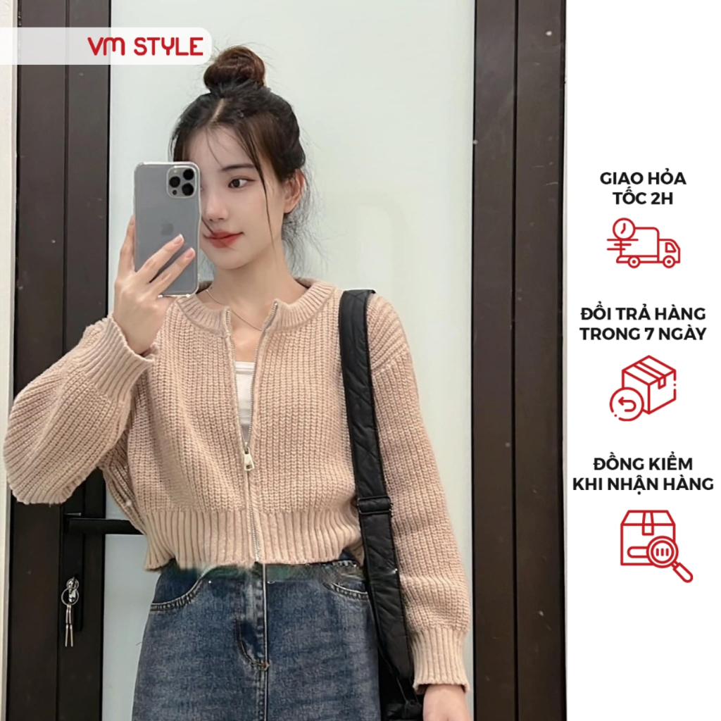 Áo khoác len nữ VMSTYLE cardigan croptop trơn tay dài dây kéo basic đi làm, đi chơi thời trang thu đông 1015 - KLU00033