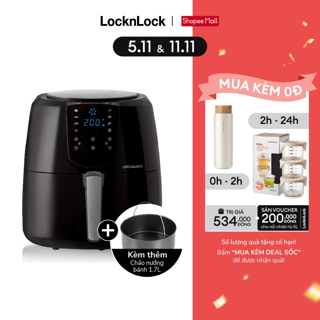 Nồi Chiên Không Dầu Lock&Amp;Lock Jumbo Plus Air Fryer 5.2L Màu-Đen Ejf357Blk