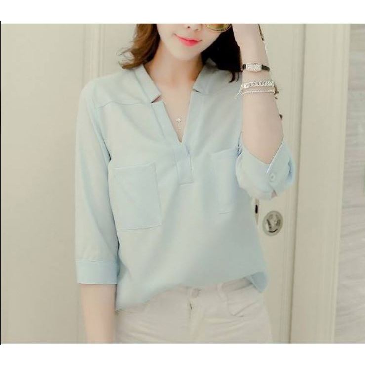 .Ao sơ mi nữ  kiểu cổ V tay lửng 2 túi thời trang