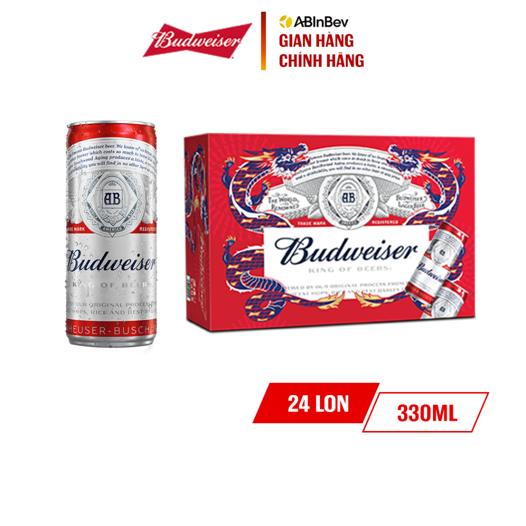 Thùng 24 Lon Bia Budweiser Sleek Can Chính Hãng (330ml/ lon) - Phiên Bản Tết 2024