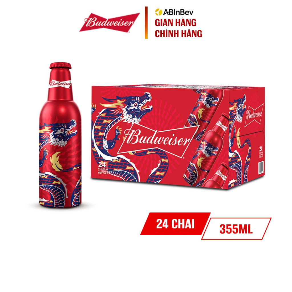 Thùng 24 Chai Aluminum Bia Budweiser Chính Hãng (355ml/ chai) - Phiên Bản Tết 2024