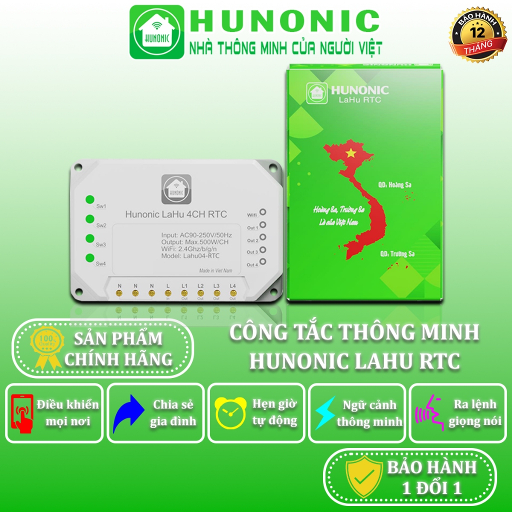 Công Tắc Thông Minh Wifi Hunonic, Công Tắc Hẹn Giờ Không Cần Internet Lahu RTC - LAHU04 RTC