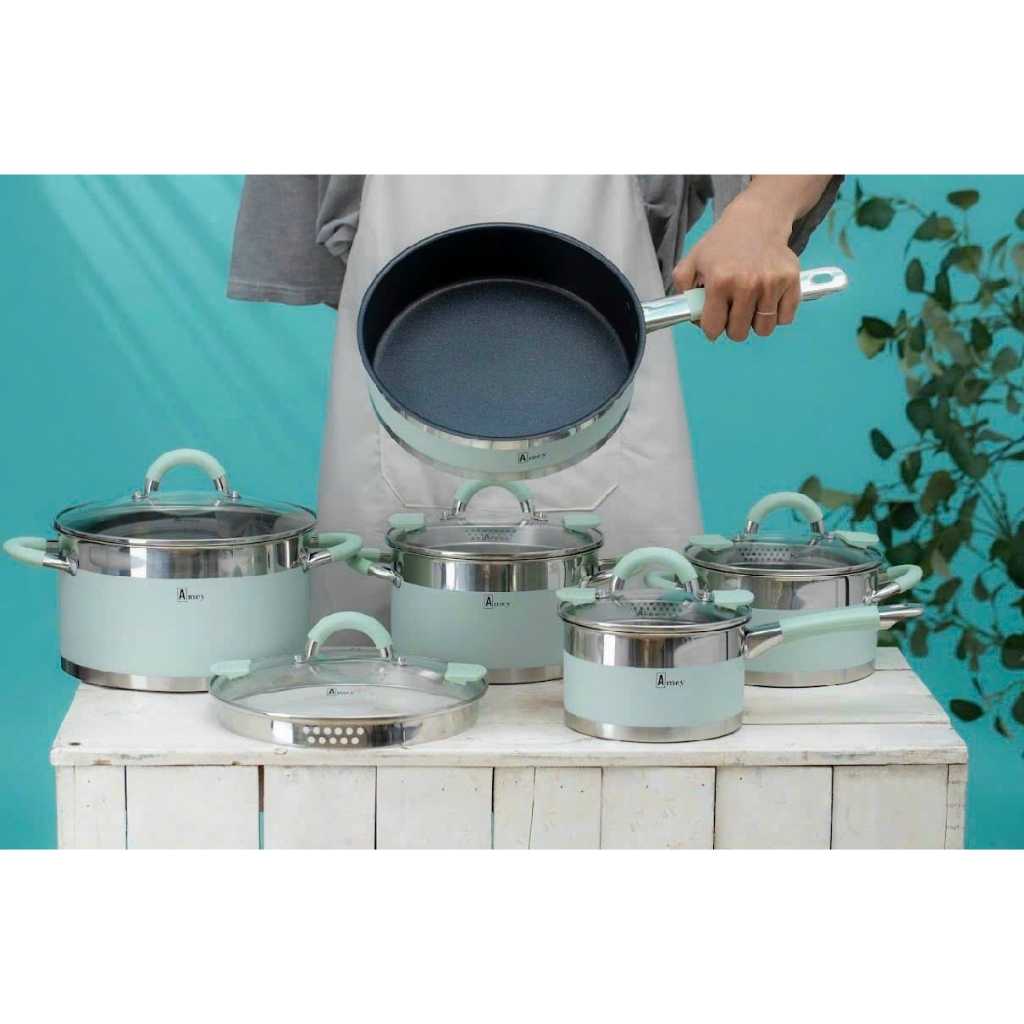 BỘ NỒI TỪ CHẢO CAO CẤP 5 MÓN 10 CHI TIẾT AMEY 9 ĐÁY SANG TRỌNG