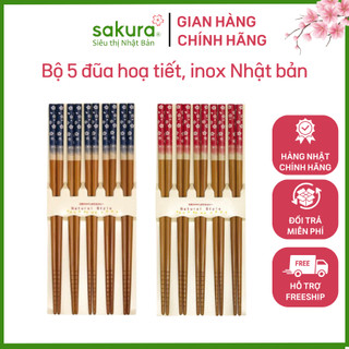 Bộ 5 đũa mẫu hoa xanh, hoa đỏ in sắc nét, đũa inox - Hàng Nhật Nội Địa