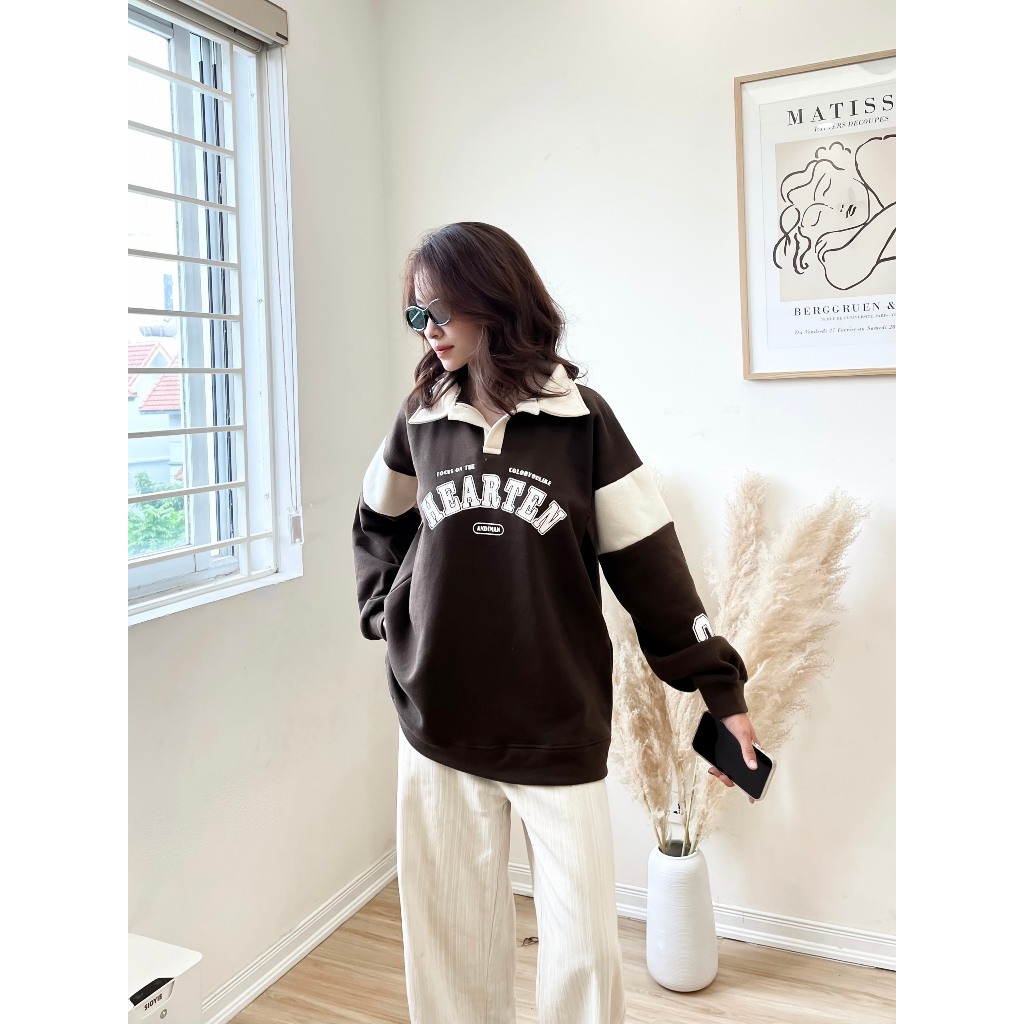 Áo Sweater Nỉ Polo Cổ Phối HEARTEN 🦋 Áo Thun Nam Nữ Dáng Thụng In Chữ 3 Màu 🦋
