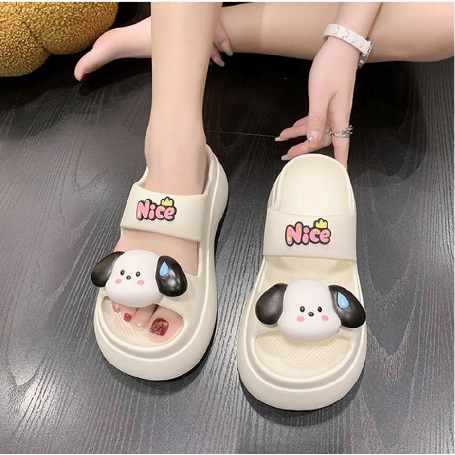 Dép 2 quai ngang hở đế cao đính stick chữ nice và cún
