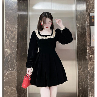 Đầm xoè nữ vải nhung tay phồng 2 lớp