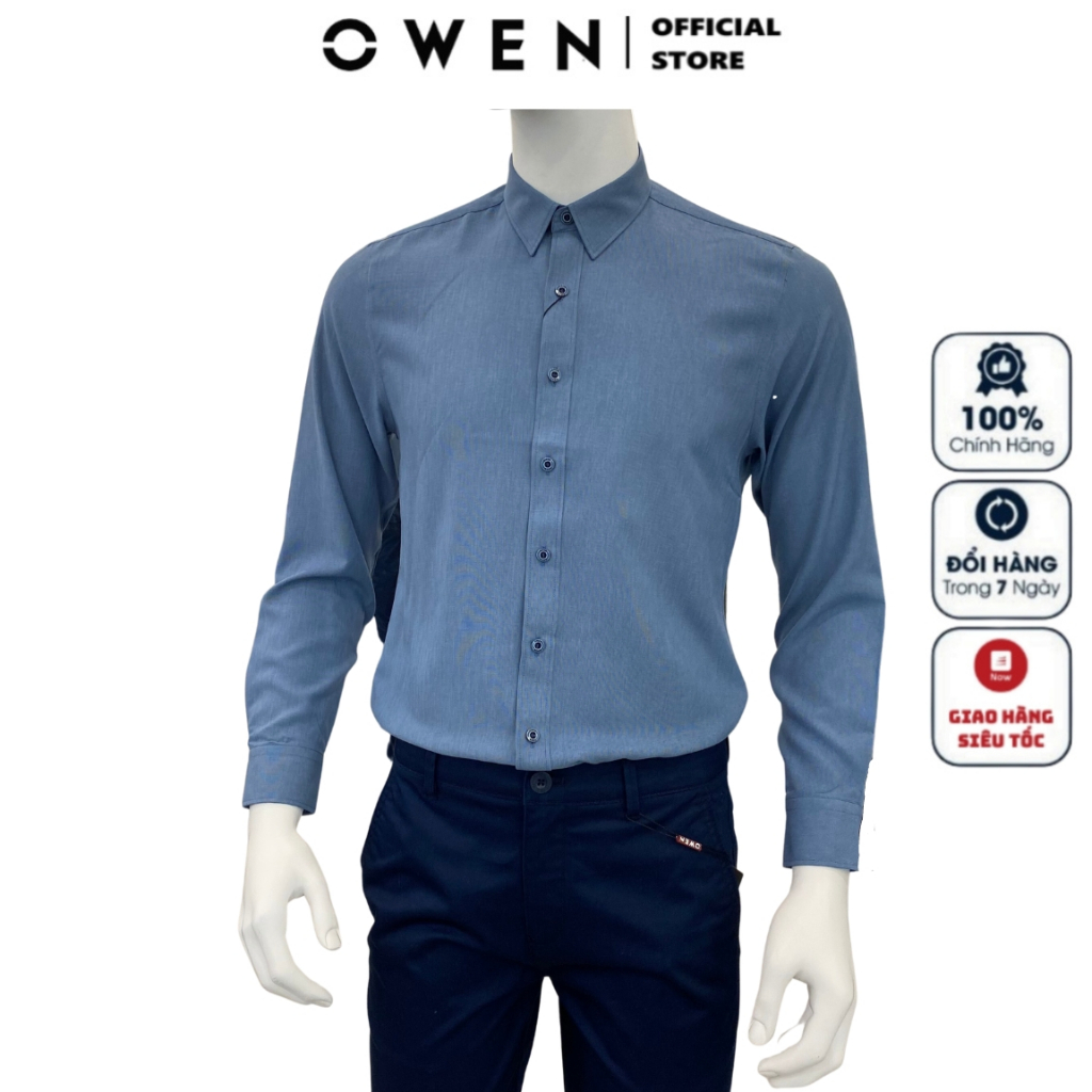 Áo sơ mi dài tay nam OWEN AS230027D công sở vải nano cao cấp màu navy xanh trơn slim fit tà lượn không túi