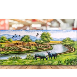 Tranh thêu phong cảnh làng quê kt 100x50 cm THÊU KÍN