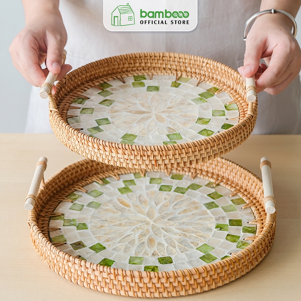 Khay mây khảm trai đan tay thủ công Việt Nam BAMBOOO ECO đựng bánh kẹo hoa quả, mĩ phẩm trong khách sạn, phòng khách