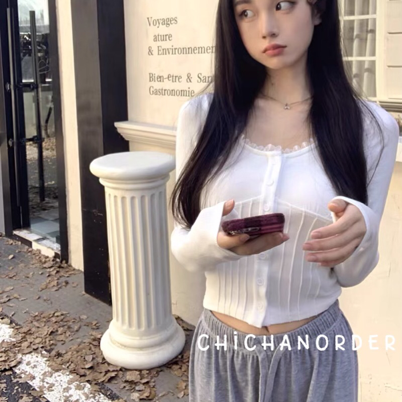 Áo dài tay dáng ôm cổ vuông có khuy cài siêu tôn dáng