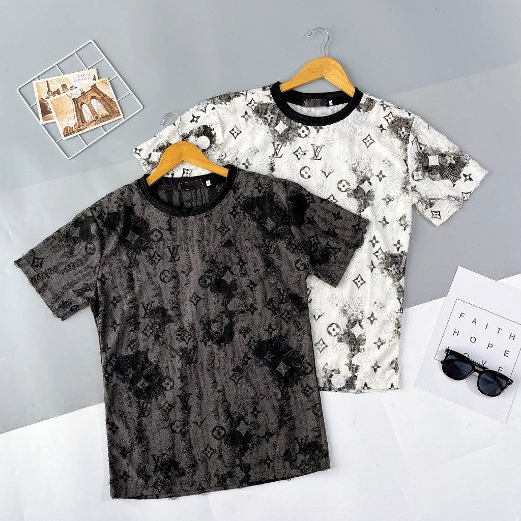 Áo thun nam nữ tay ngắn, áo cổ tròn in chữ phối họa tiết vá rách chất cotton nhung mềm mịn thoáng mát