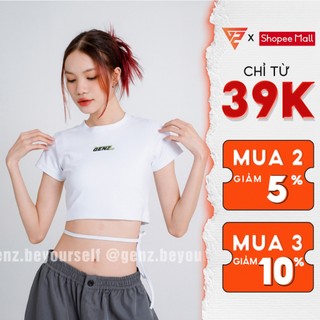 Áo croptop nữ dây buộc eo in logo GENZ thun trơn basic ôm body cá tính sexy - CRT03