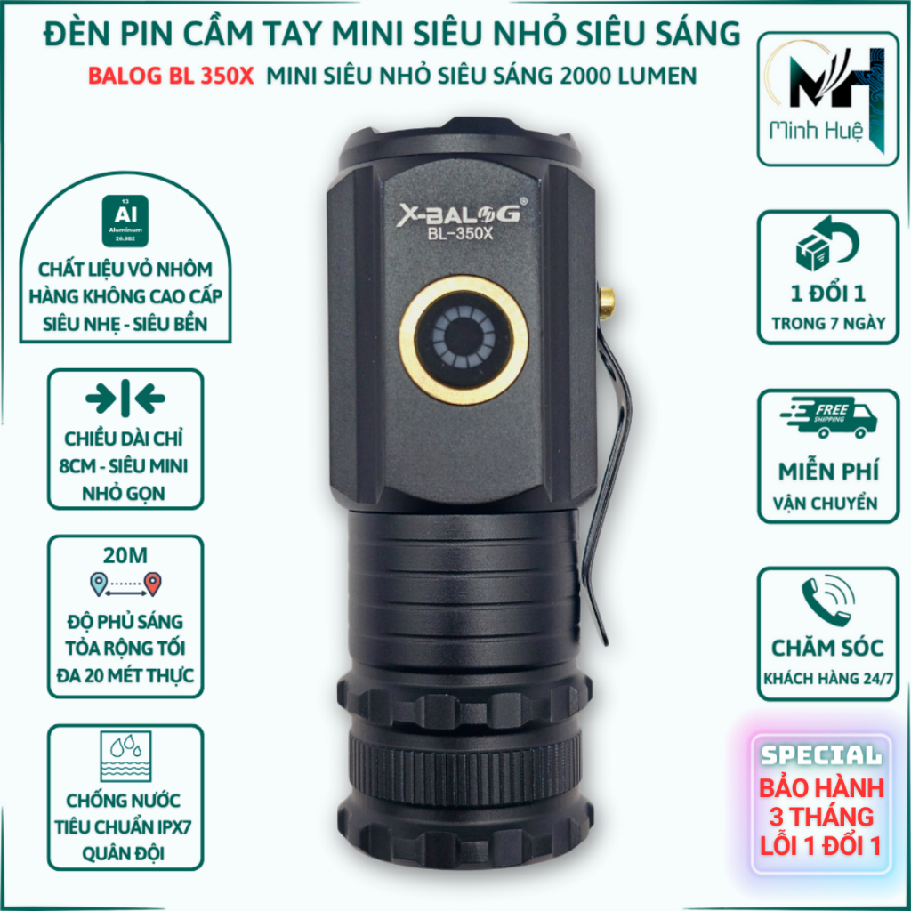 Đèn pin cầm tay mini siêu nhỏ siêu sáng tỏa X-BALOG 350X vỏ nhôm chống nước IPX7 độ sáng tối đa 2000 lumen Đèn cầm tay